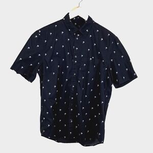 H&M Men's Button Up Shirt Size M Dark Navy with White Palm Trees‎ Preppy Resort